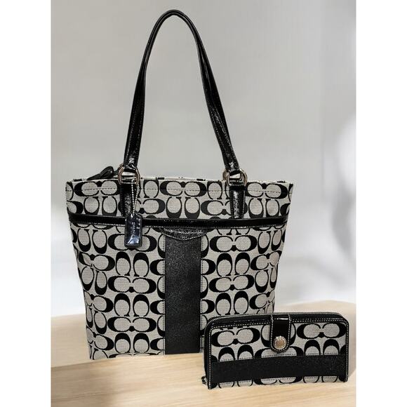 Coach F28504 Signature Stripe Tote Bag & Snap Wallet - Picture 1 of 15